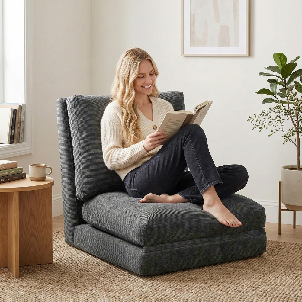 Image of Bean Bag Bed Foldable Corduroy Sofa, 4-in-1 Convertible Floor Couch With High-density Foam Filling, Removable And Machine-washable Cover For Living Room, Dorm, Guest Bed