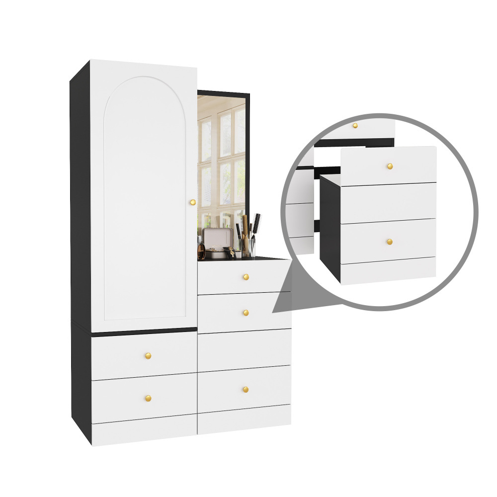 Image of Multifunctional Makeup And Wardrobe Combination With Pull-out Stool, Full-length Mirror, Divided Drawers For Makeup, Bedroom Storage Cabinet Made Of Mdf, Round Iron Handles