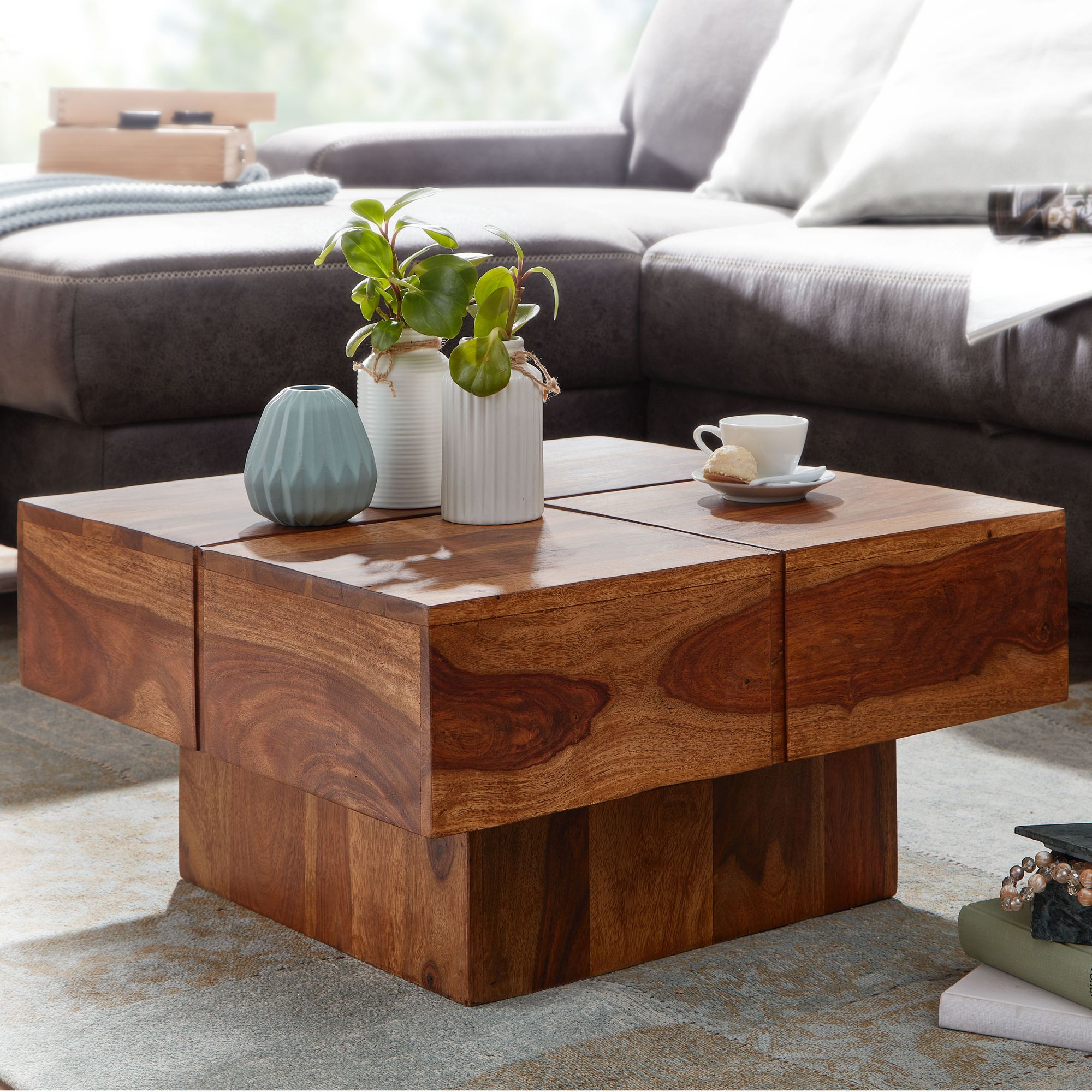Coffee Table 57.5x57.5x30 Cm Solid Wood, Square Sofa Table, Design Living Room Table, Solid Coffee Table, Small Modern Living Room Table