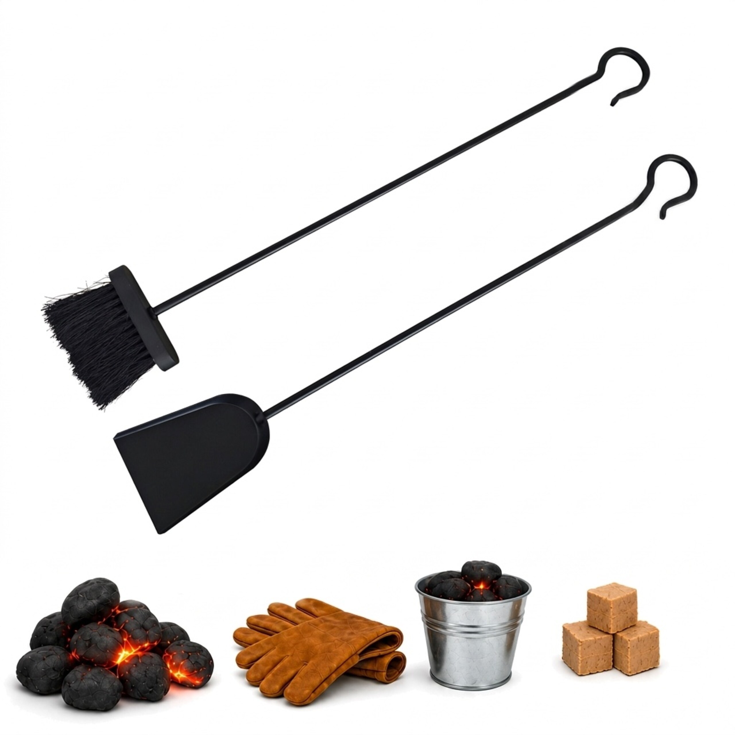 TEMU Cast Iron Fireplace Cleaning Set, 2pcs, Broom And Ash Shovel, Long Handles 76 Cm, Black, Fireproof Stove Tools With Curved Hooks, For Fireplace,