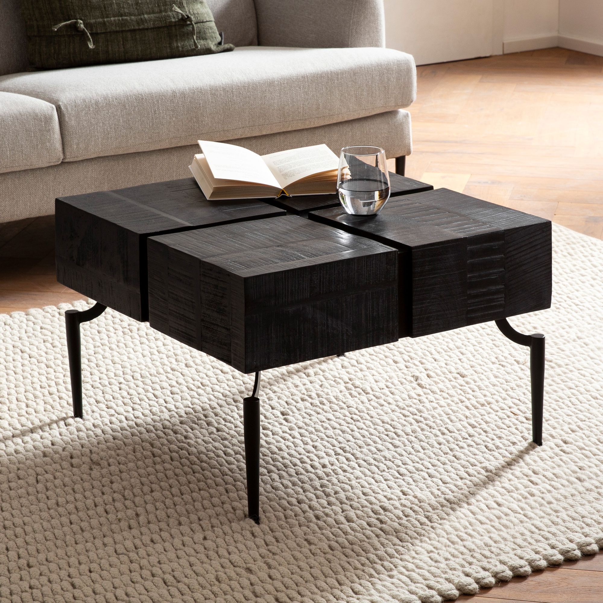 Solid Wood Coffee Table 60x60x40 Cm Square With Metal Frame, Small Sofa Table Cube-shaped, Modern Living Room Table, Coffee Table Cube