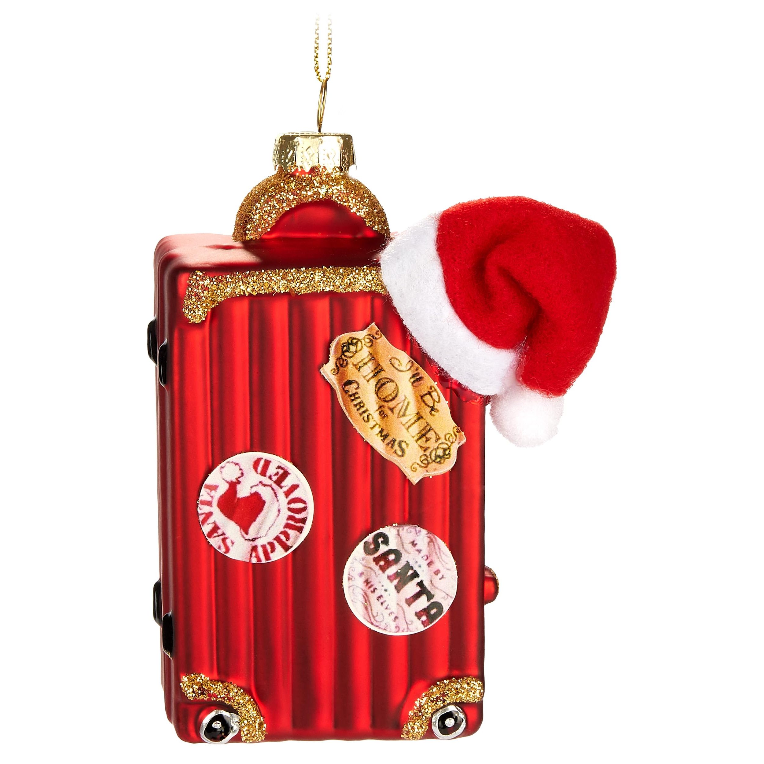 Image of Brubaker Suitcase - Hand-painted Glass Christmas Ornament - 12 Christmas Tree Ball With Santa Hat - Mouth-blown Christmas Tree Decoration