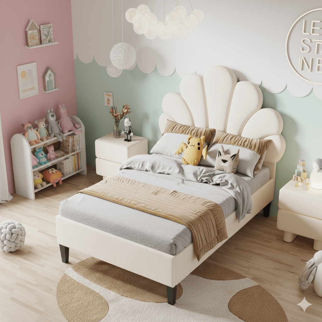 Image of Ycz Single Bed, Universal Mattress For Teen Bed, Upholstered Bed, Wooden Bed Frame, 90x200cm, Velvet Petal-shaped Headboard, Comfortable And Warm, Beige, Pink Bhcd.fs4a56g