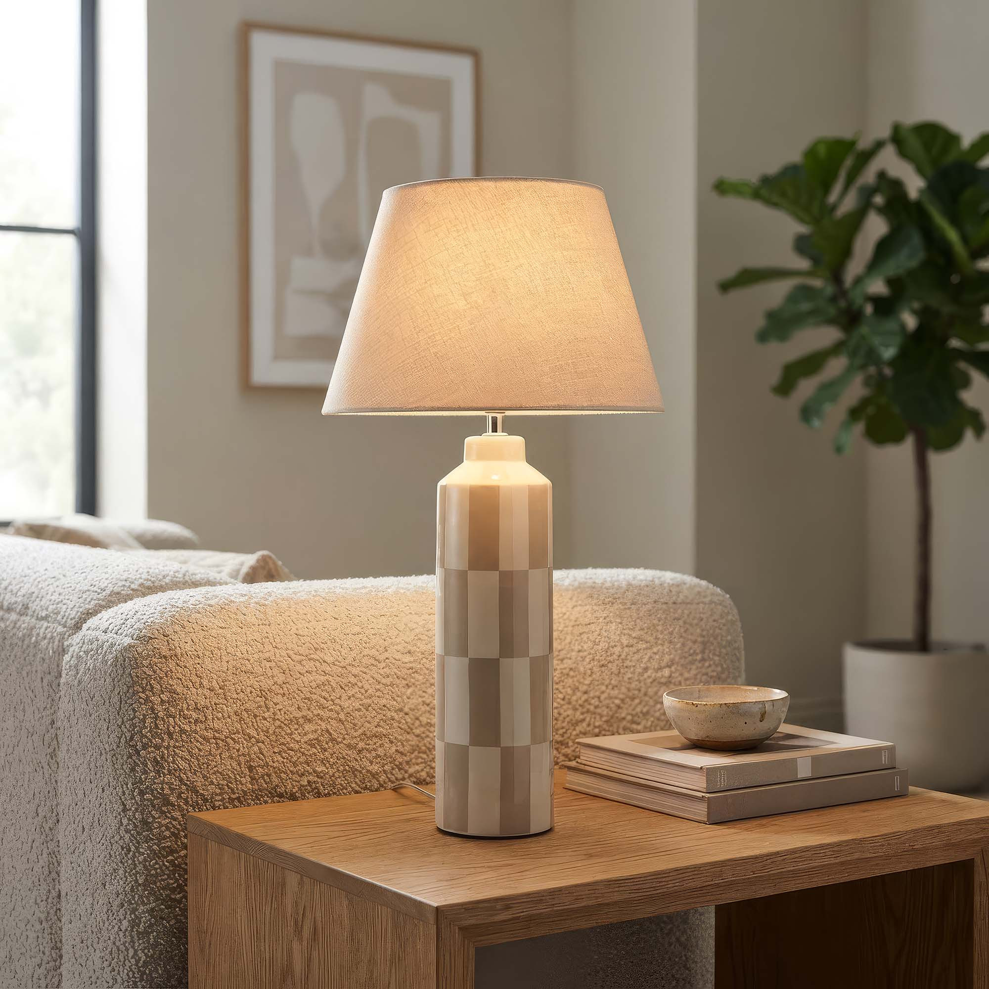 TEMU Ceramic Grey & White Checker Table Lamp With Fabric Shade, Modern Glazed Bedside Lamp, Decorative Accent Light With Inline Switch, Contemporary