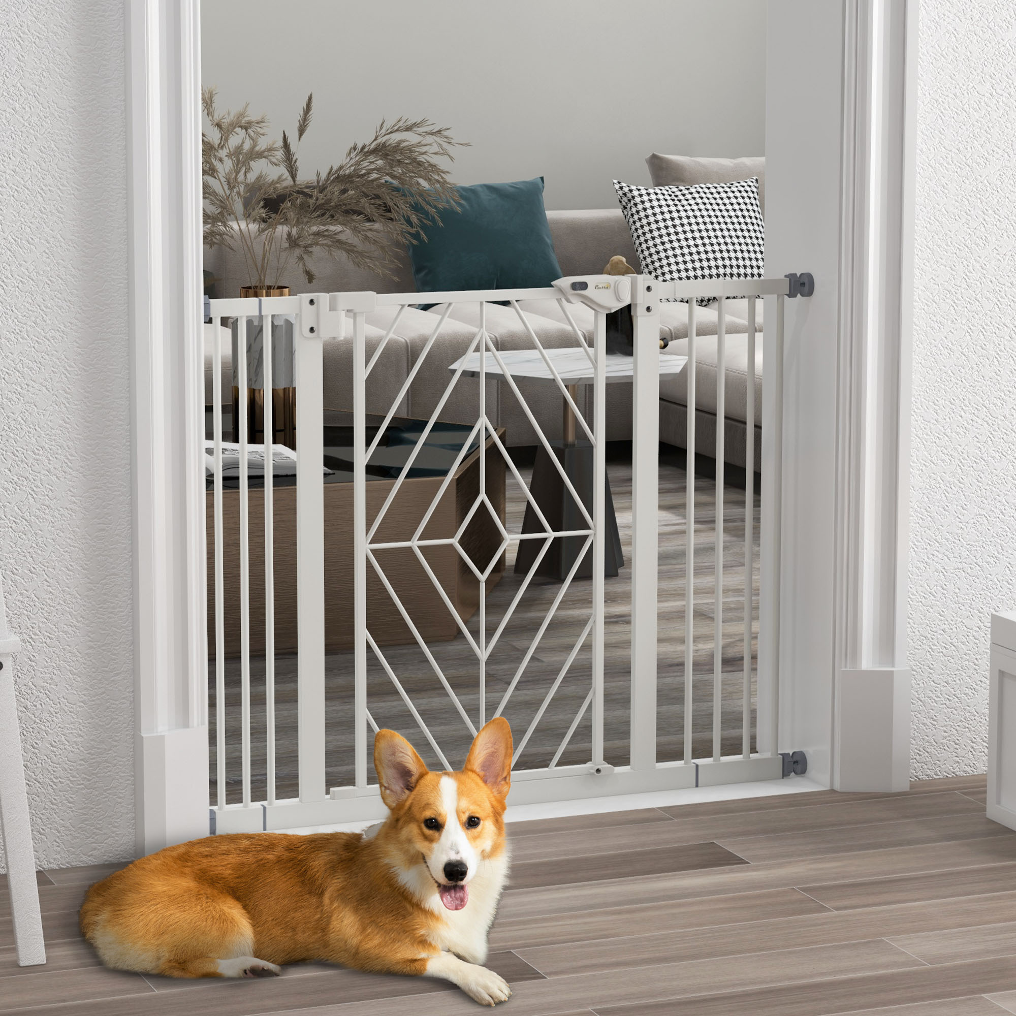 Image of Pawhut Dog Stair Gate, Dog Barrier With Auto-closing Door, 74-100 Cm, , Without Drilling, Barrier For Dogs, White