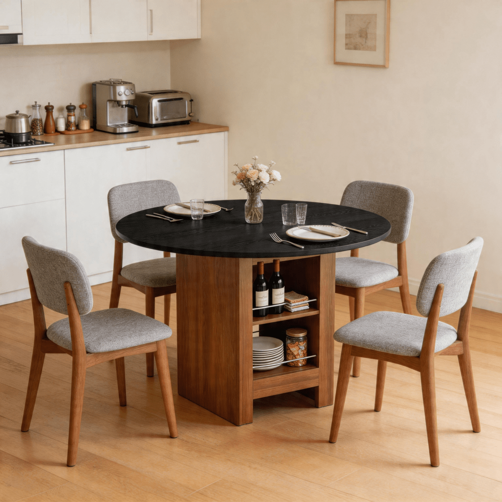 Modern Round Kitchen Table X 76 Cm Walnut Body With Black Plate Integrated Storage Compartments As Dining Table Leisure Table Worktable For Dining Room Living Room Office For 4-6 People