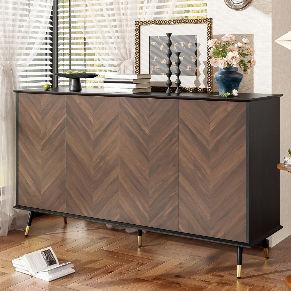 Image of Sideboard With Blacksurface And Herringbone Pattern, 4 Doors With Height-adjustable Shelves, Hinges, Spacious Storage Space, And Assembly, Versatile As A Buffet, Dresser, And Organizer, Modern Rooms.