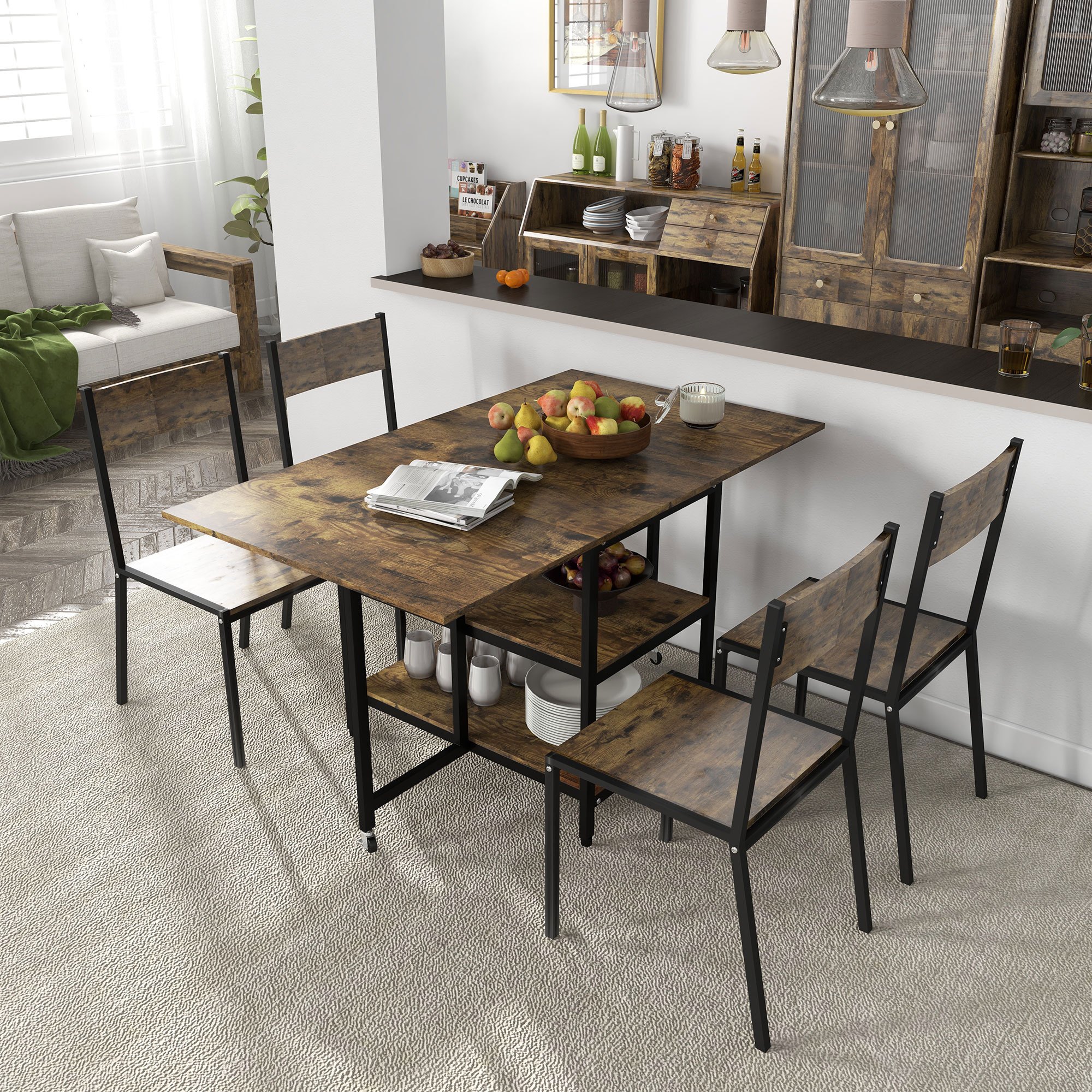 Folding Dining Table, Kitchen Table With 2 Shelves, 140 X 80 Cm, Folding Table With Casters, Dining -6 People, For Kitchen, Dining Room, Steel, Rustic Brown