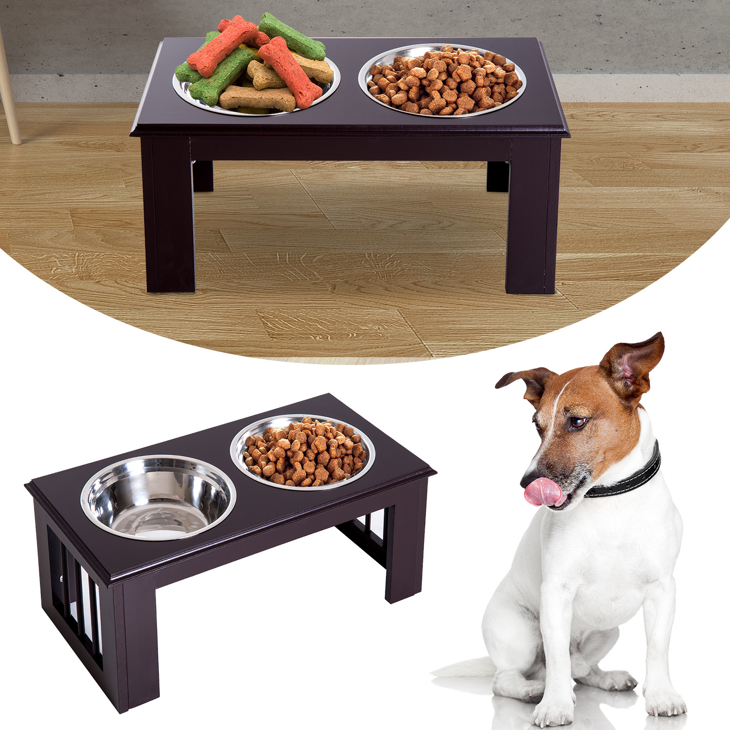Dog Bowl With 2 Bowls, 2l Food Bowl, Raised Cat Food Bowl, Easy To Care, Stainless Steel Espresso, 58.4 X 30.5 X Cm