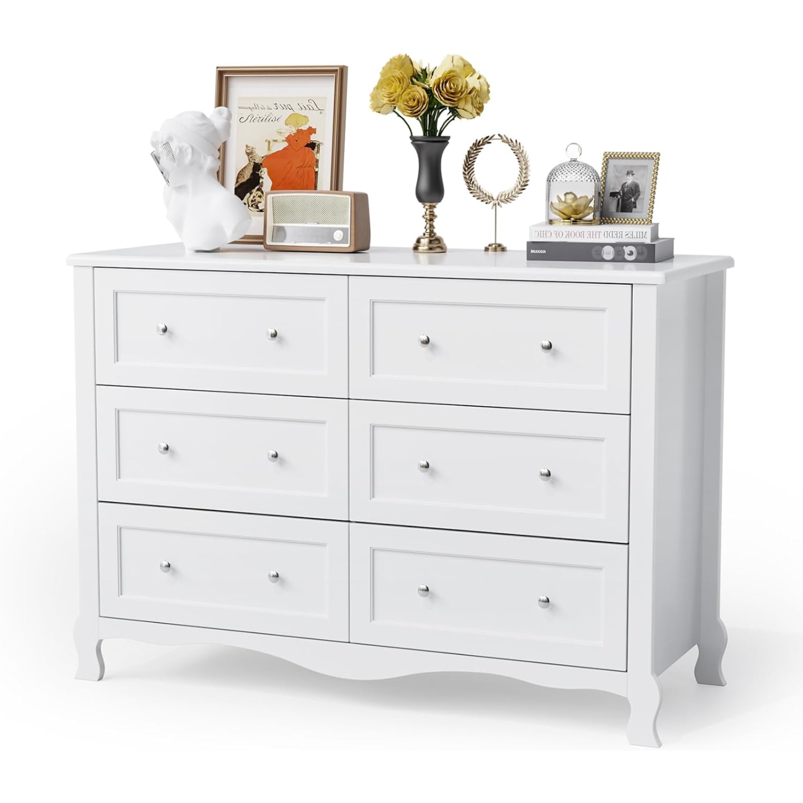 Solid Wood Dresser With 6 Drawers, White Dresser Made Of P2-, Dresser For Bedroom, Living Room, Study, Hallway, Sideboard, Curved Leg Cabinet 120 X 40 X 84 Cm