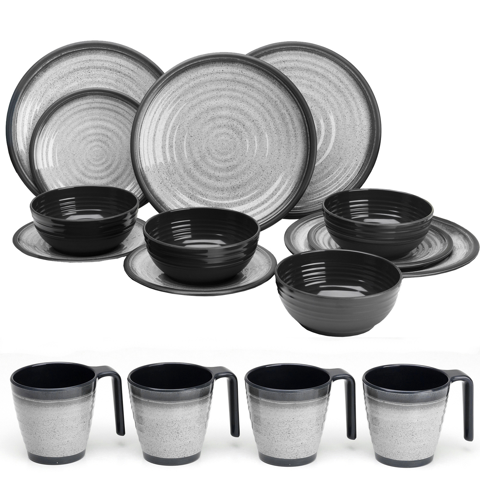 Melamine Dinnerware Set For , Gray Granite Look, 16 Pieces - With Stackable Cups - Camping Tableware Set - Dishwasher Safe Outdoor Camping Tableware