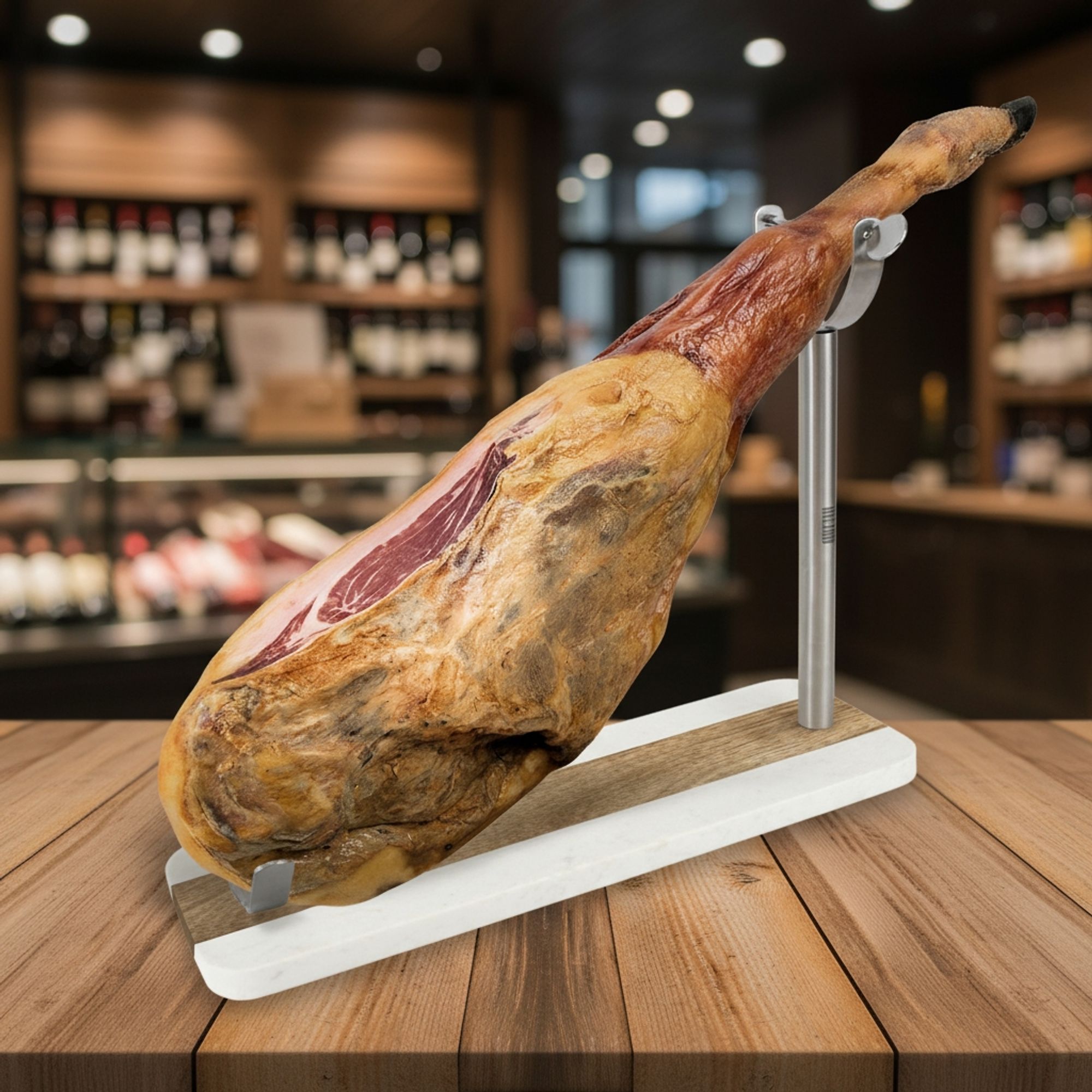 TEMU QUTTIN | Soporte Jamonero Mármol y Acacia con Acero Inoxidable, Tabla Decorativa y 48.5x16x1.8 cm, Ideal para Corte de Jamón