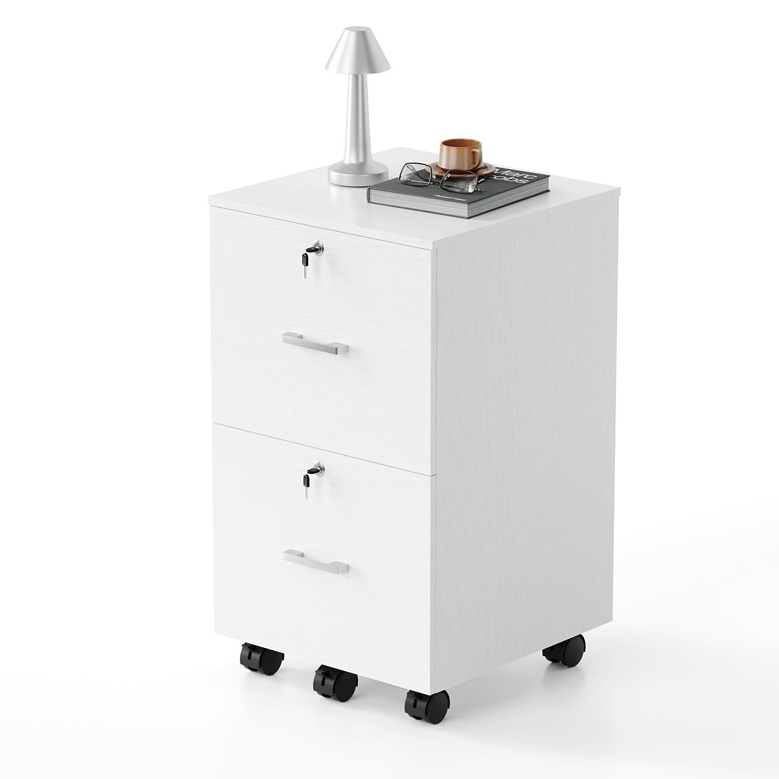 Image of Mobile File Cabinet 2 Drawers For Office, Home Office, White, Wood | File Cabinet With Wheels, Mobile Roll Container, Lockable Office Cabinet, Wooden Drawer Cabinet For A4 And Letter Formats