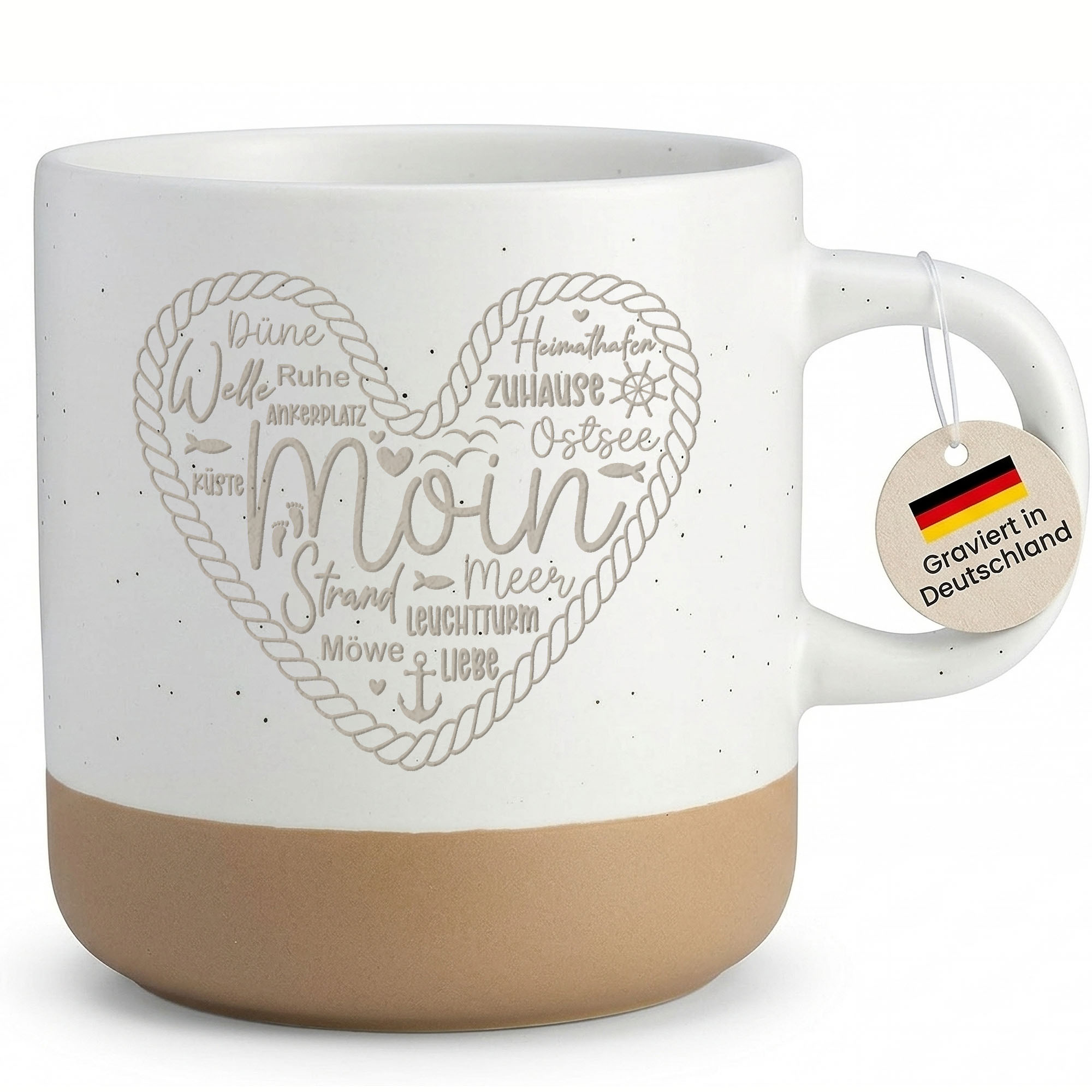Moin Mug With Coastal Motif, Beach Engraving, Nordic Homeland Feeling Gift For North , Stoneware Coffee Mug - Left Handle