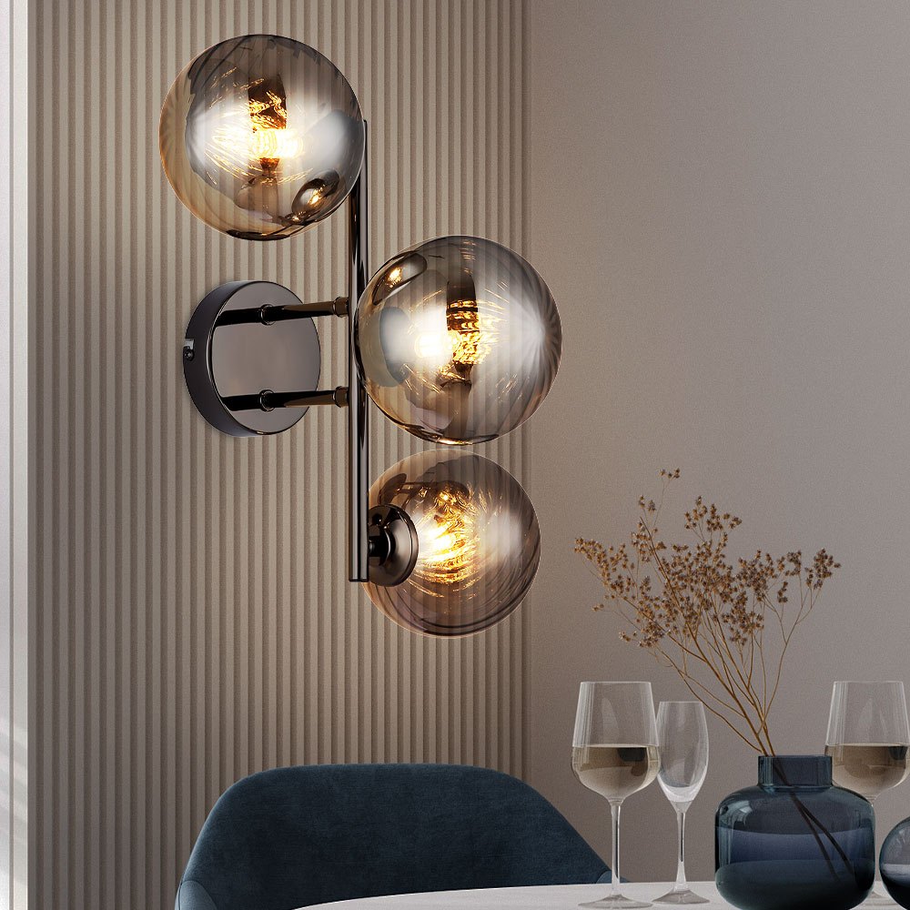 Image of Wall Light, Hall Lamp, Glass Living Room Lamp, Smoked, 3-flame, H 25 Cm