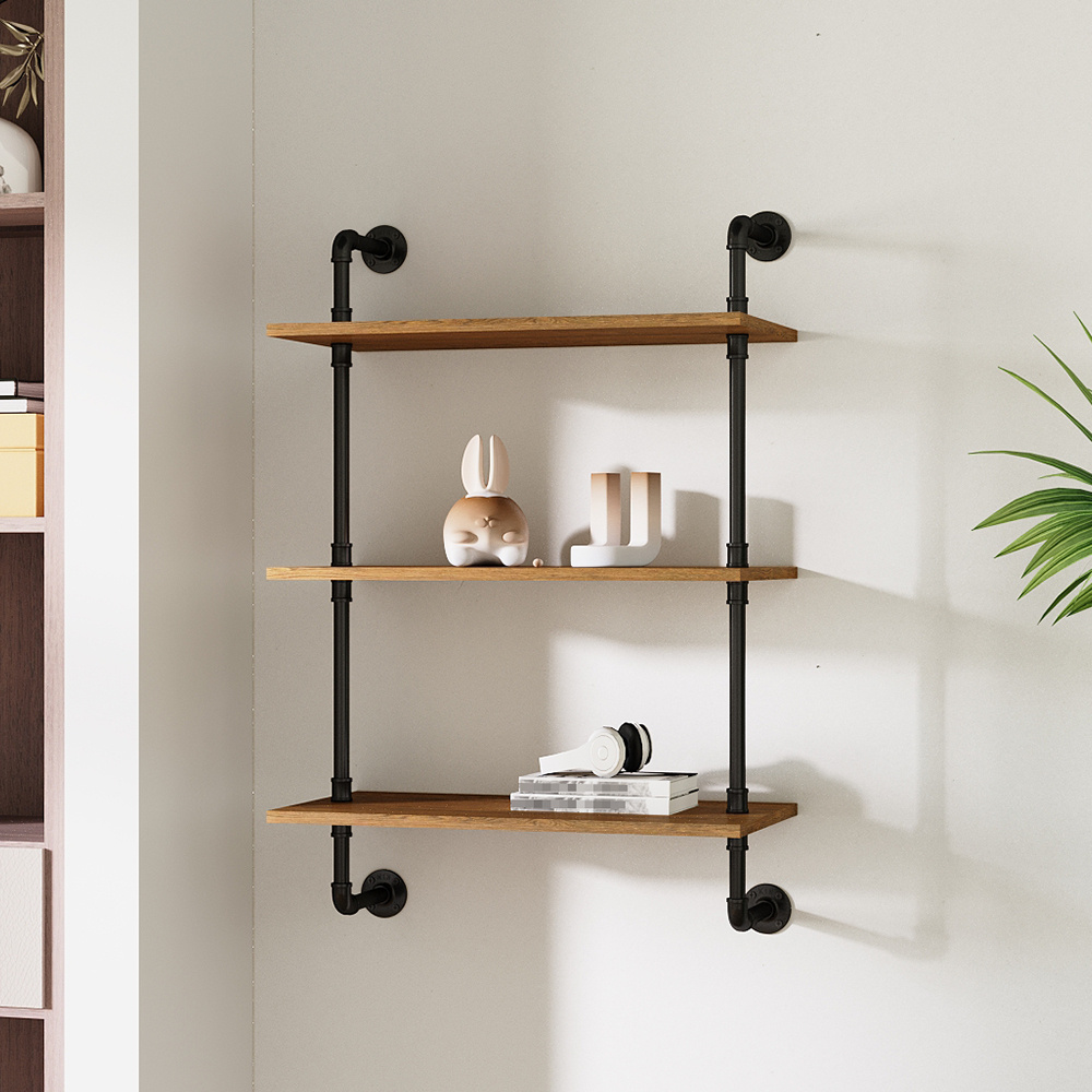 3 Tier Industrial Pipe Floating Shelf with Solid Wood Board, Open Vertical Shelf Rustic Wall Mounted BookShelf Space-saving Storage Rack, Easy Assembly, Kitchen Spice Rack, Bathroom Shelf, Storage Organizer for Books, Pictures, Plants, Sundries in Living Room, Bedroom, Hallway, Entryway, 60x30x89.7cm