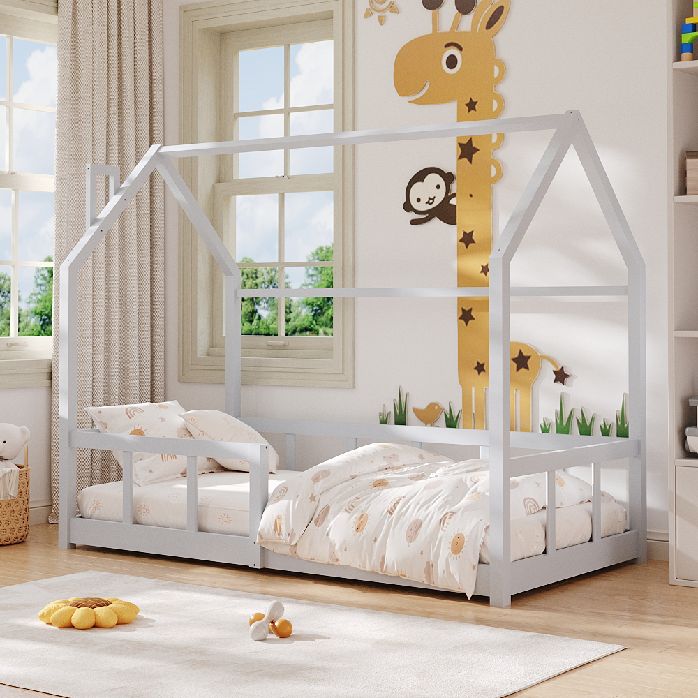 1pc Playful Treehouse Design Kids Bed Frame - 167×87×135cm Solid Pine Wood Construction, Safety Rails Included, Boys/Girls Bedroom Furniture (Mattress Excluded)