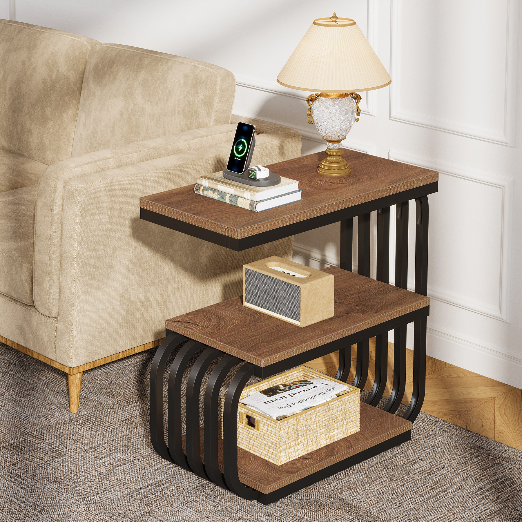 3 Tier Side Table With , Sturdy Coffee Table With Metal Frame And Rustic Wood Top, Practical Nightstand For Small Spaces In Brown.