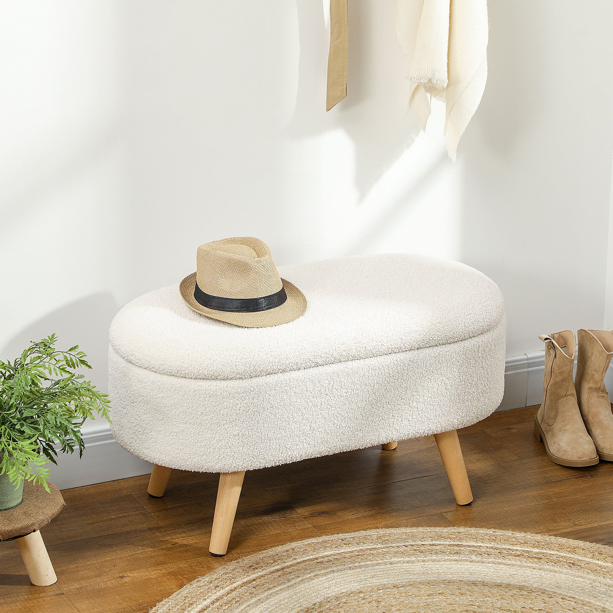 Image of Homcom Storage Bench With Lid, Upholstered Bench With Teddy Plush Look, For Hallway Bedroom Living Room, Wooden Frame 82 X 41 X White