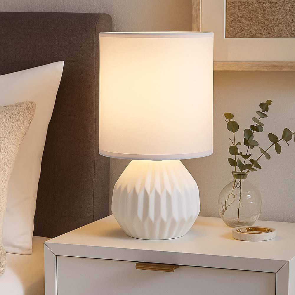Image of White Ceramic Table Lamp, Bedside Lamp, Table Light, Accent Lamp, Living Room Lamp, Textile, 1x E14, Dxh 12 Cm, Bulb Not Included