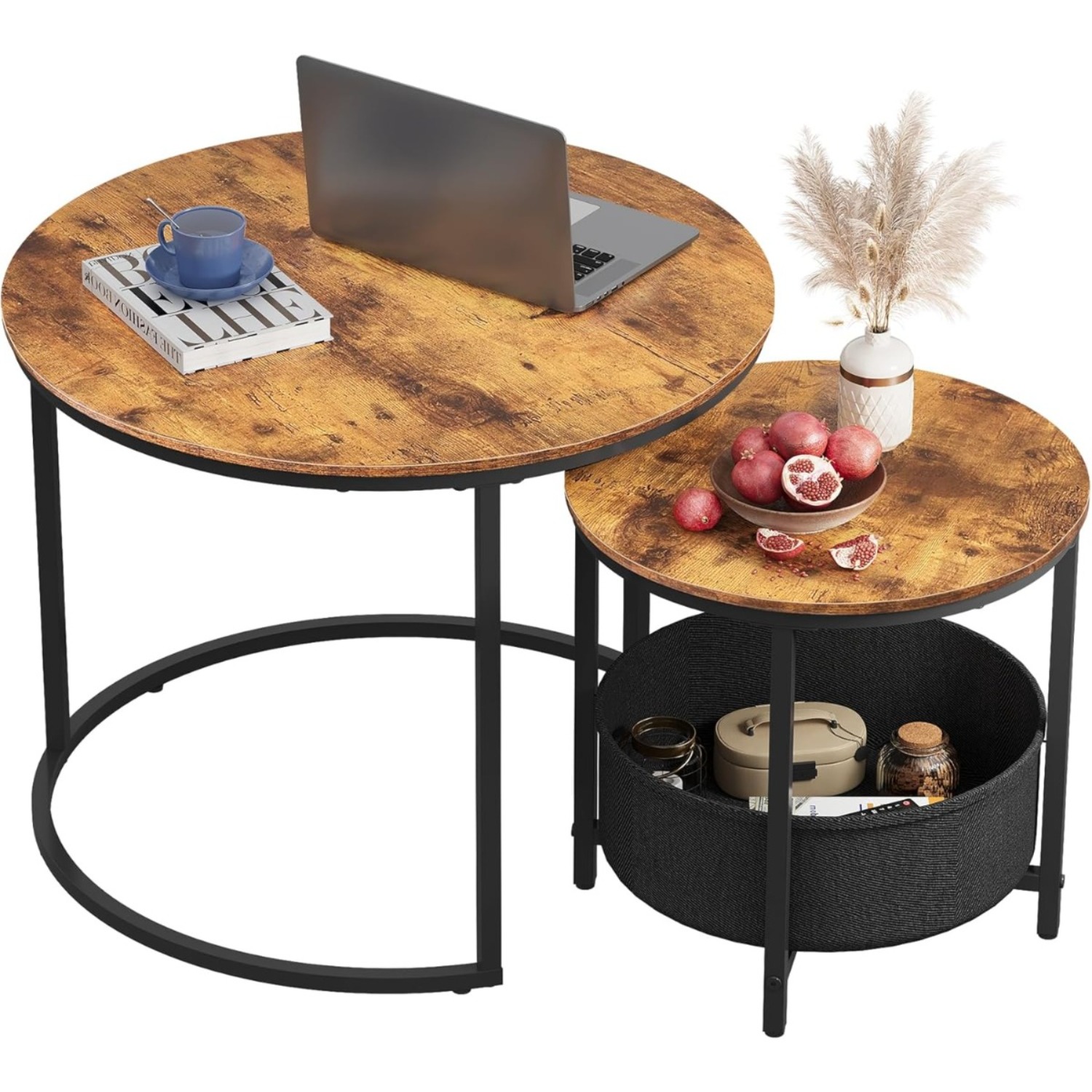 Image of Round Coffee Table With Storage Space, Side Table Set With Metal Frame, Living Room Table Small With Wooden Or , Bedside Table For Living Room, Balcony And Office