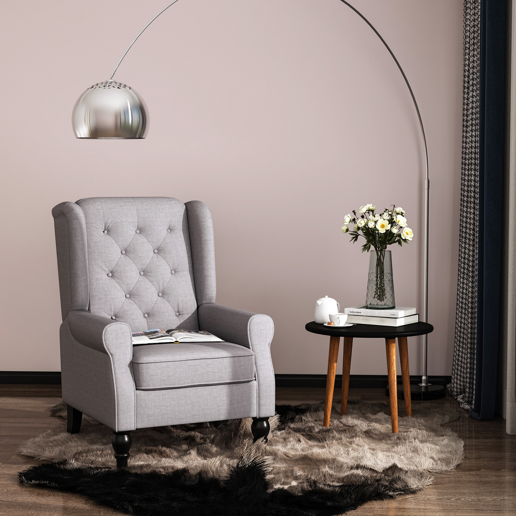 Image of Armchair With Armrests, Lounge Chair With Cushions, Tufted, High Backrest Armchair With Wooden Legs, Relaxation Chair For Living Room, Bedroom, Gray
