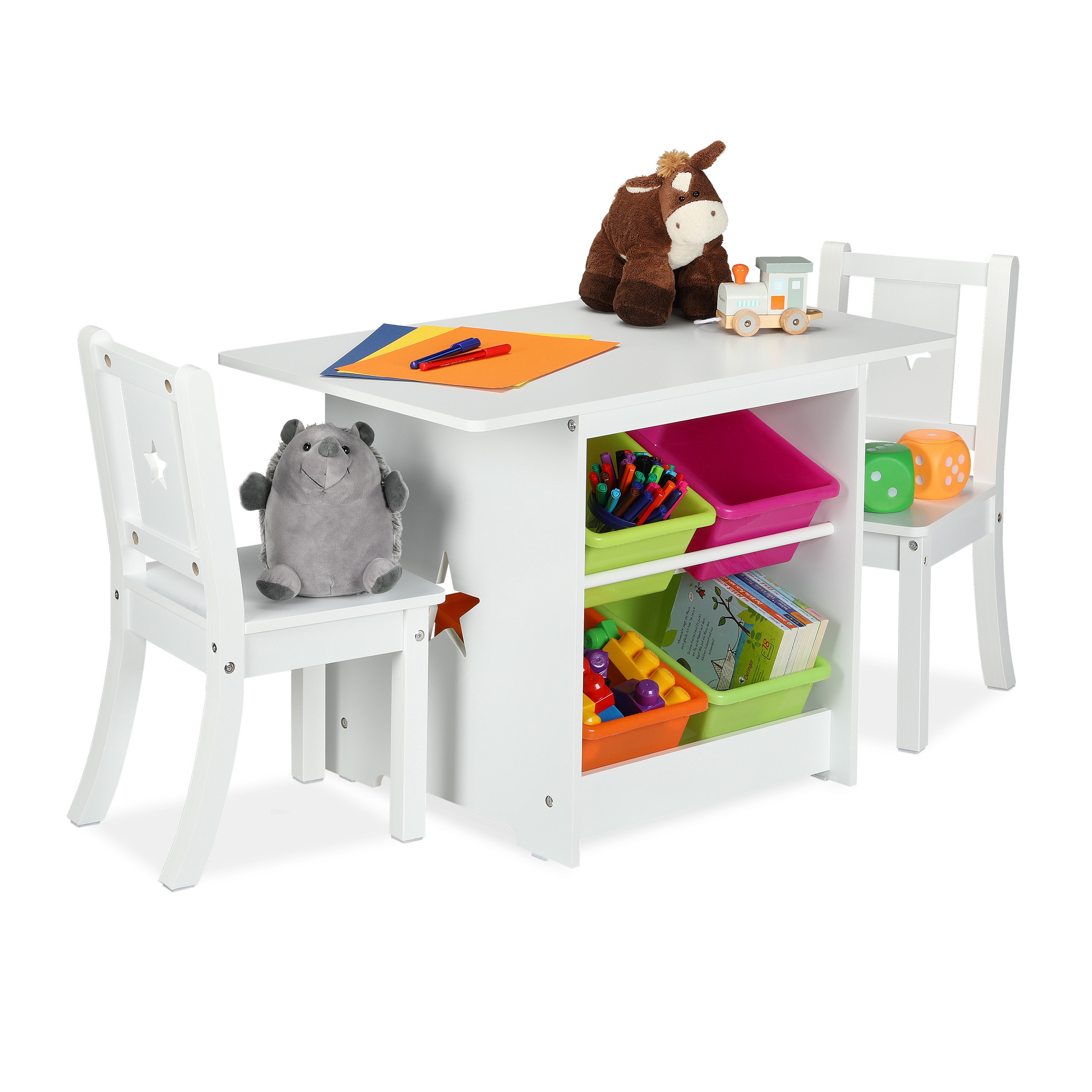 TEMU Ensemble table et chaises 3 pièces, motif étoiles, et 2 chaises, 4 boîtes de rangement, table 52 x 75 x 46 cm, chaises 56.5 x 28 x , hauteur