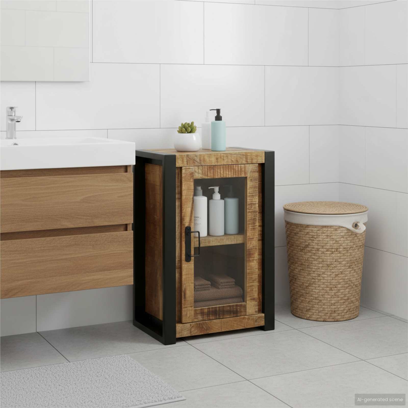 Image of Rough Mango Wood Bathroom Wall Shelf 40x30x60 Cm Solid With Glass Door For Storage And Presentation In Rustic Style