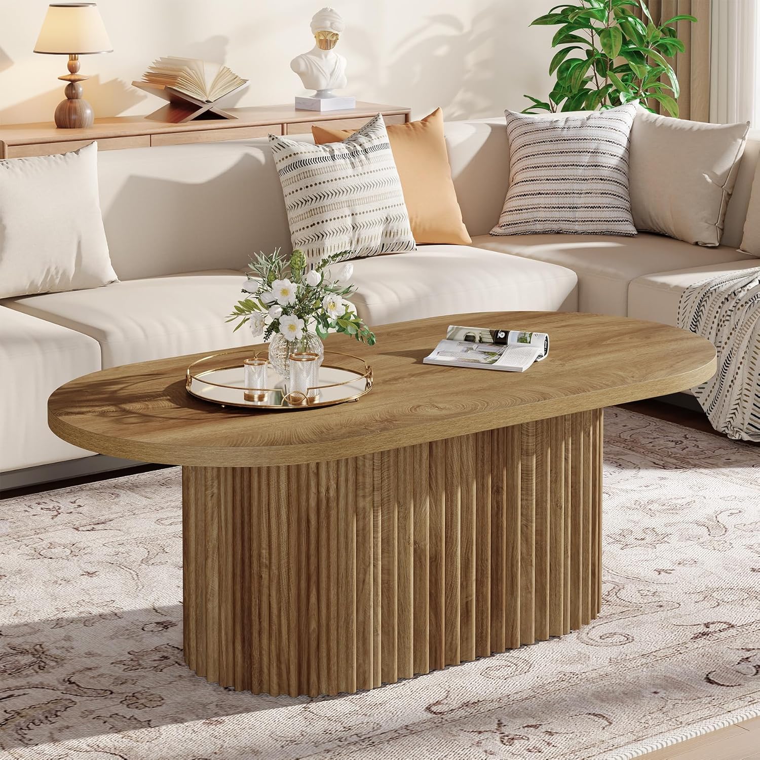 120x60x45cm Oval Coffee Table, Farmhouse Wood Side Table With Fluted Room Office Apartment In Brown.