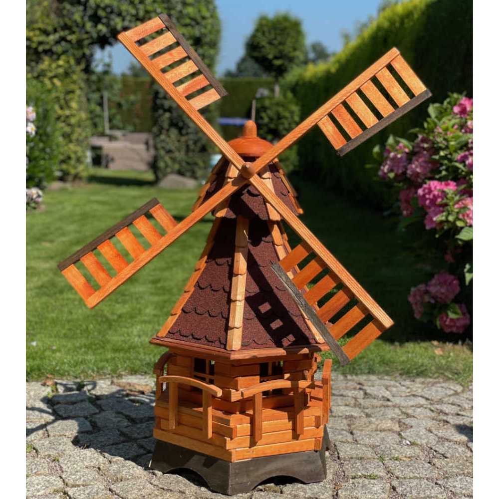 Image of Handcrafted Hexagonal Wooden Windmill Xxl - Weatherproof Garden Windmill, Ball-bearing, Brown/red, Height - 120 Cm - Outdoor Garden Decor For Terrace & Front Yard - Decorative Windmill