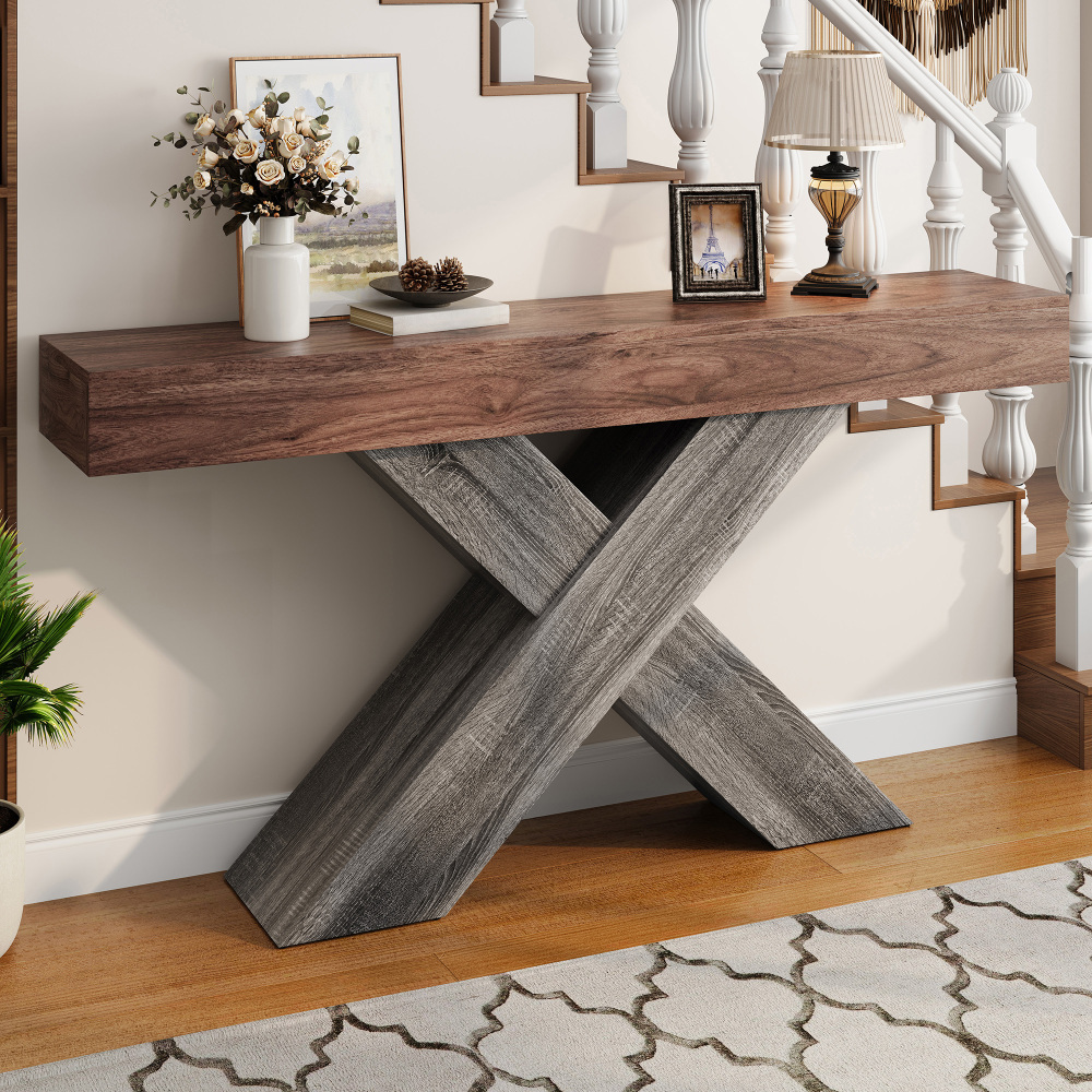 Image of Console Table With X-shaped Legs, Narrow Console Table, Wood Look, Particle Board, For Hallway And Living Room, Side Table