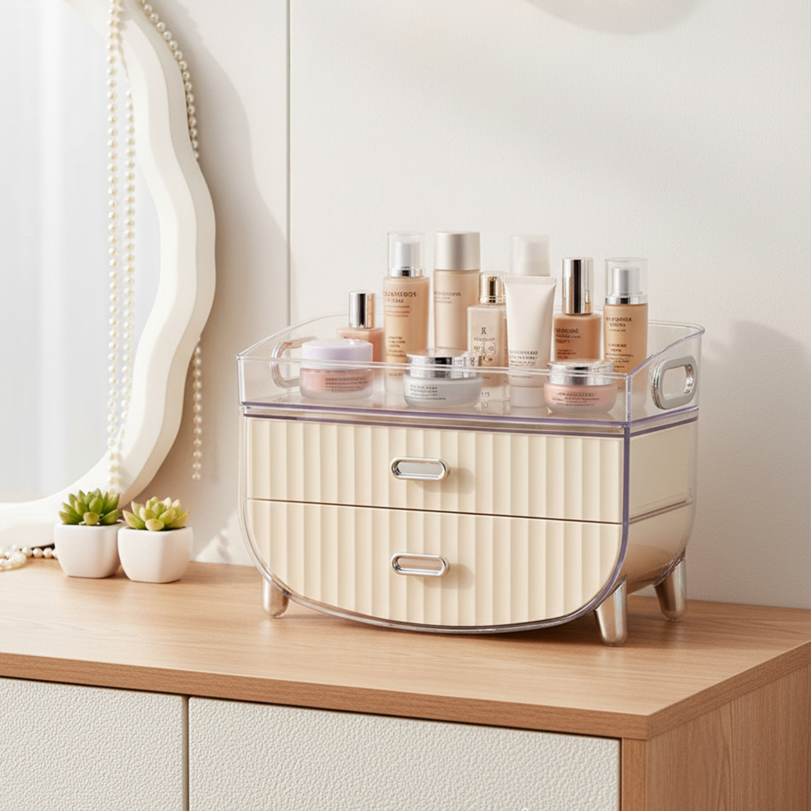 TEMU Cream Home Decor Makeup Organiser 28.5x19x20.5cm With Drawer Design, Large Portable Skincare Storage Display Case For Vanity Bathroom Countertop