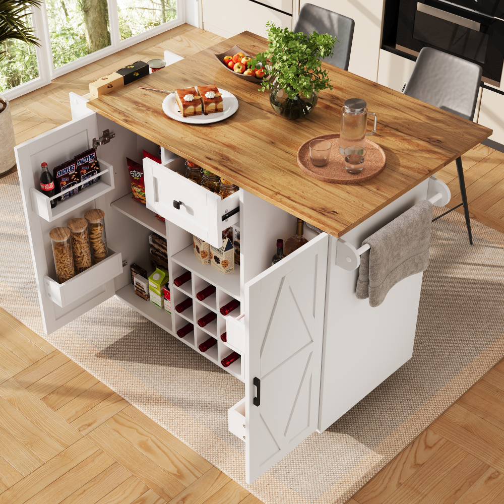 Image of Modern Kitchen Island, Kitchen Cabinet, Buffet Cabinet, With Wood Veneer, Buffet Cabinet, Multifunctional Dining Table With Storage Space, With Snack Shelves And Stretch Function Cabinets