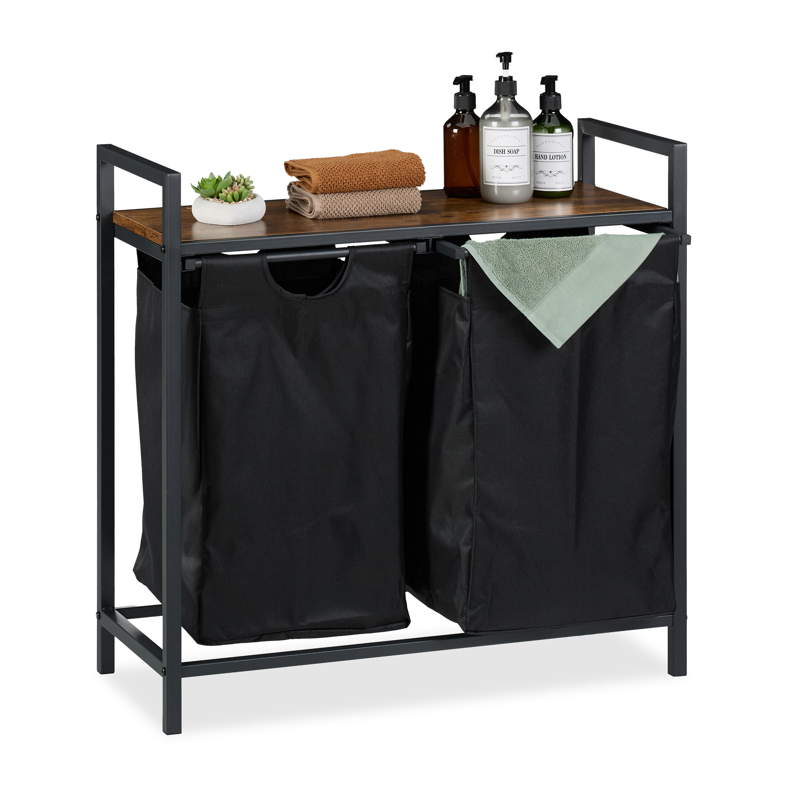 TEMU Laundry Rack, 2 Baskets, 72 X 73 X 33 Cm, Mdf, Polyester, And Steel, Black And Dark Brown Walnut Effect, Shelf To 10 Kg, 50 L Per Bag, For