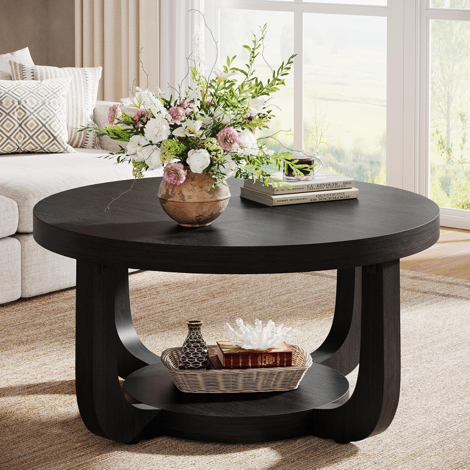 Round Coffee Table, Two-tiered Round Coffee Table With Storage, Modern Wooden Side Table For The Living Room, Thick Tabletop And Frame, Black