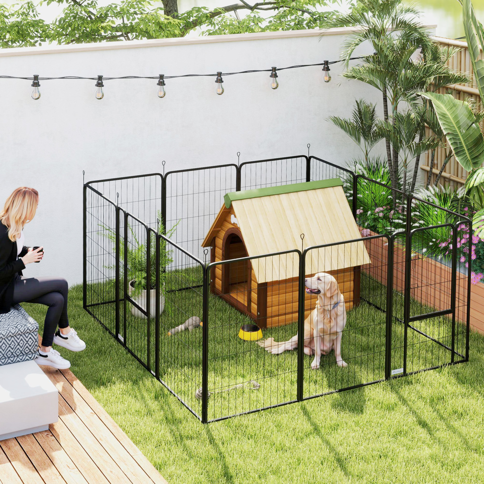 Image of Puppy Run Enclosure 12-part 100 Cm High Puppy Run Foldable Outdoor Enclosure With Door, Lock, With Ground Spikes, Run Enclosure For Small Animals For Indoors And Outdoors