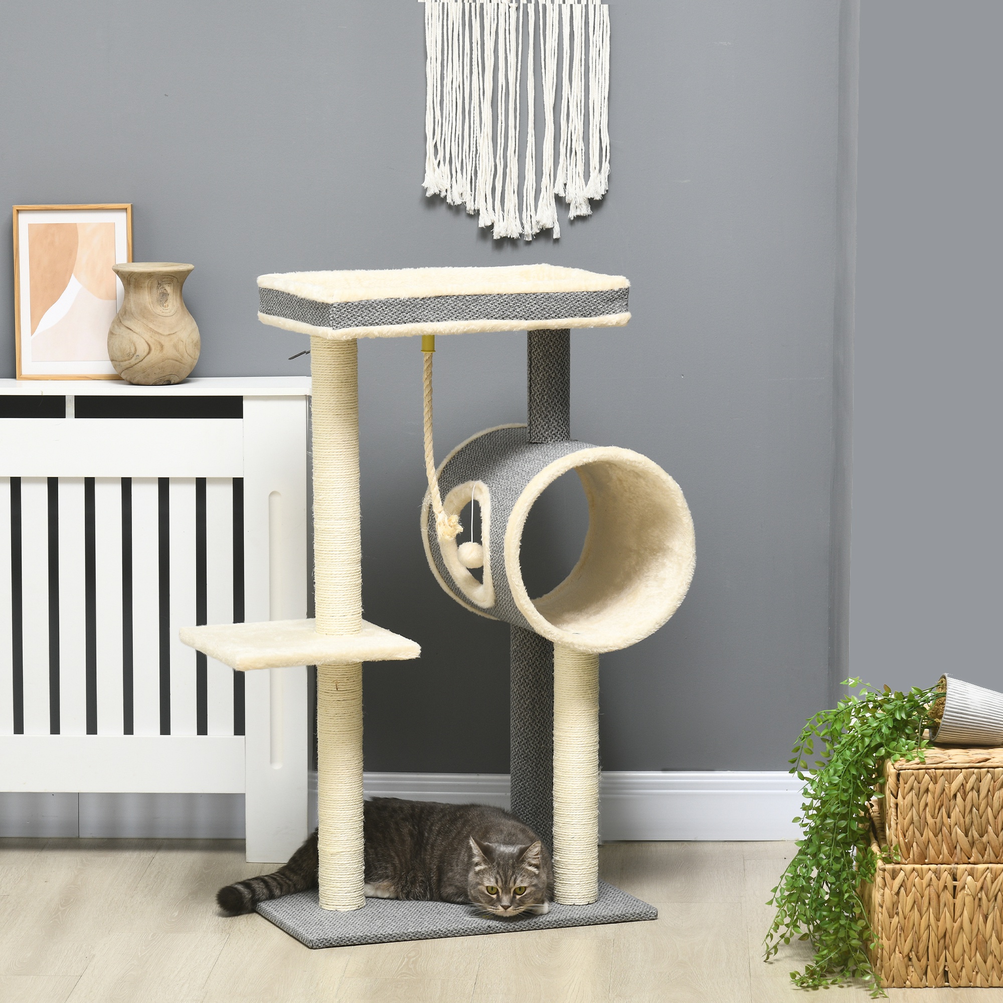 Image of Scratching Tree 104 Cm Cat Tree With Cat Cave, Cat Scratching Tree With Play Ball, Cat Tree With 2 Lying Areas, Climbing Tree For Cats Up To 5 Kg, Cat Furniture, Sisal, Gray