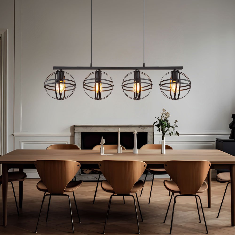Hanging Pendant Ceiling Light For Living Room Or Dining Room, Black Metal, 4 Bulbs E27, Height 120 Cm