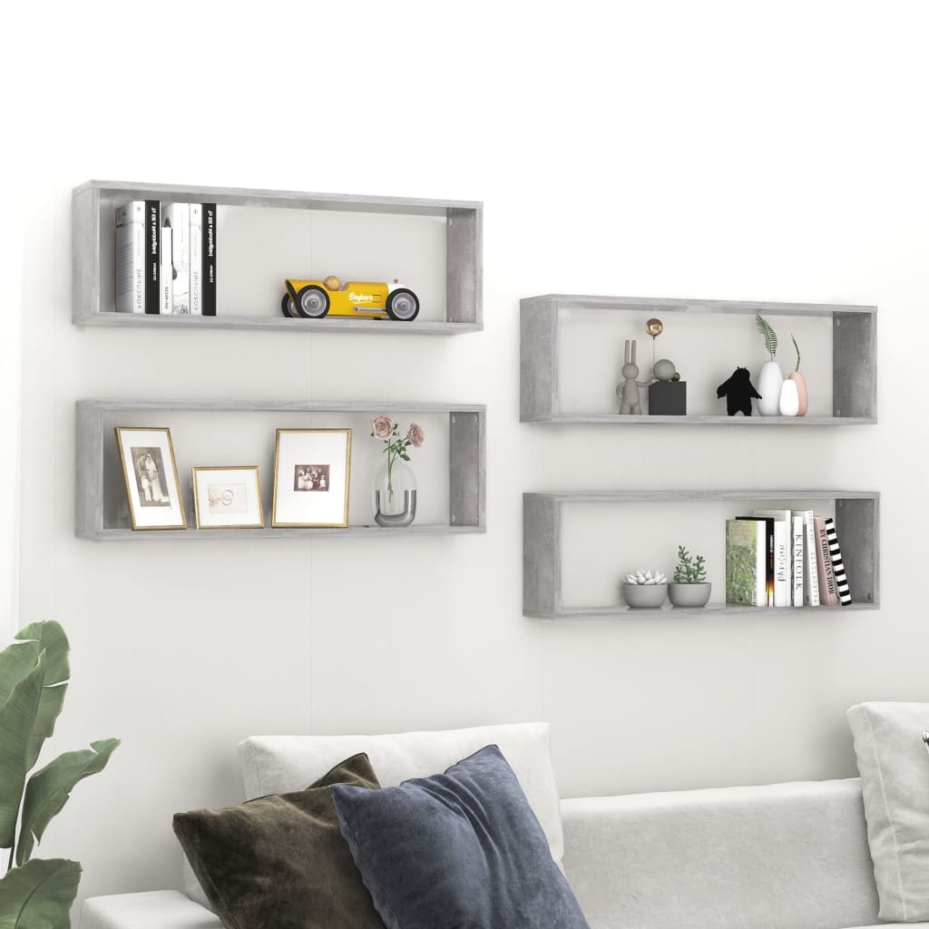 Image of Vidaxl 4x Cube Wall Shelf Hanging Shelf Cd Shelf Decorative Shelf Bookshelf Floating Shelf Wall Board Shelf Cube Concrete Grey 80x15x26.5cm Wood Material
