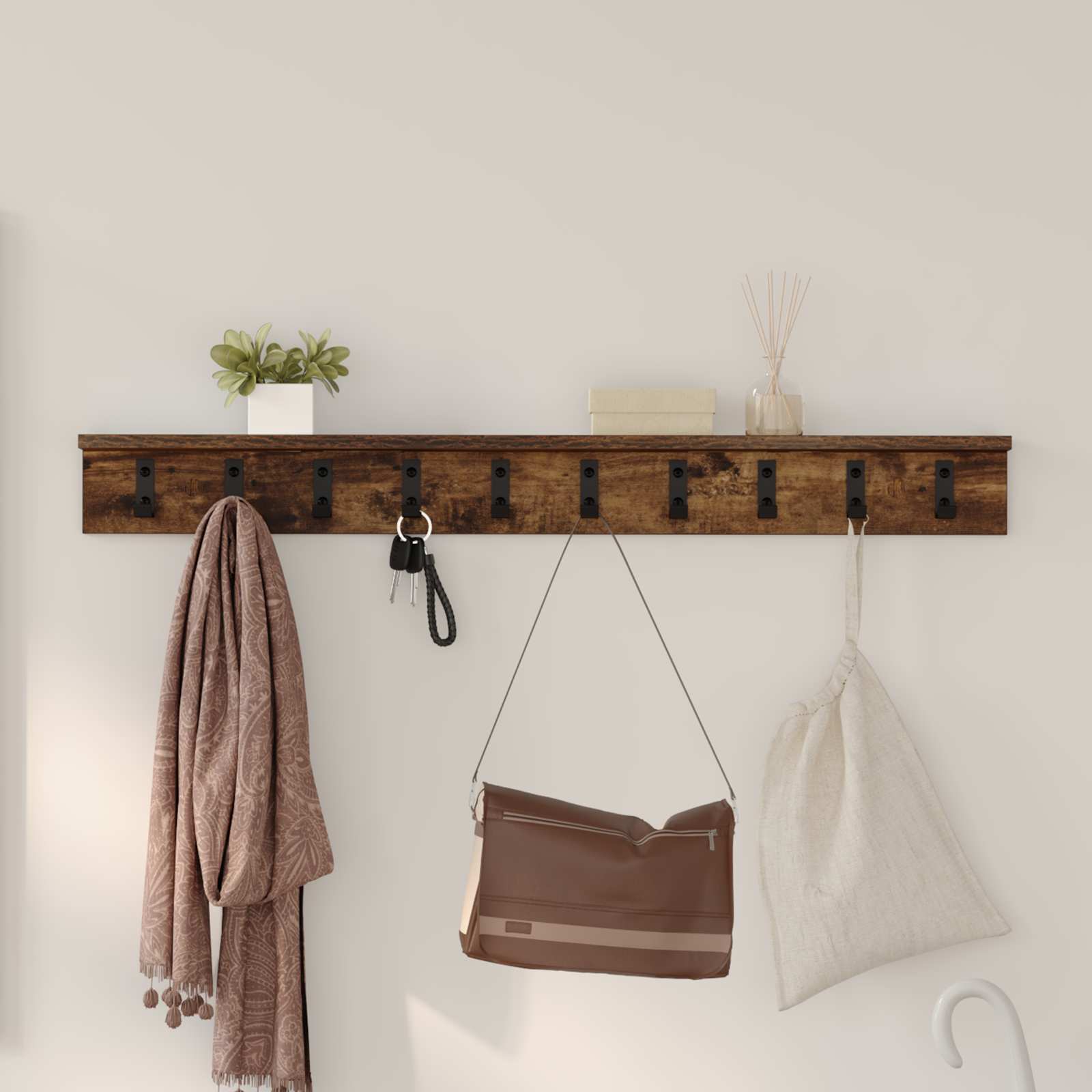 Image of Wall-mounted Nightstand Wall Bracket Smoked Oak, Hallway Console, Modern Wall Coat Hook, Cool Organization For The Entrance Area, For Space-saving