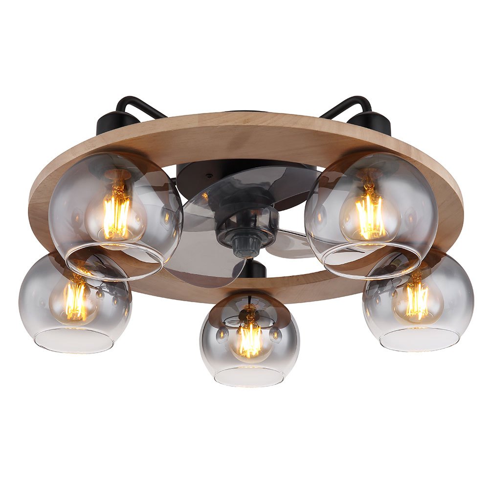 Image of Ceiling Fan With Remote Control Ceiling Light Wood Fan Lamp Retro Smoke Glass, Metal Glass, 5x E27, Dxh 55x21.5 Cm
