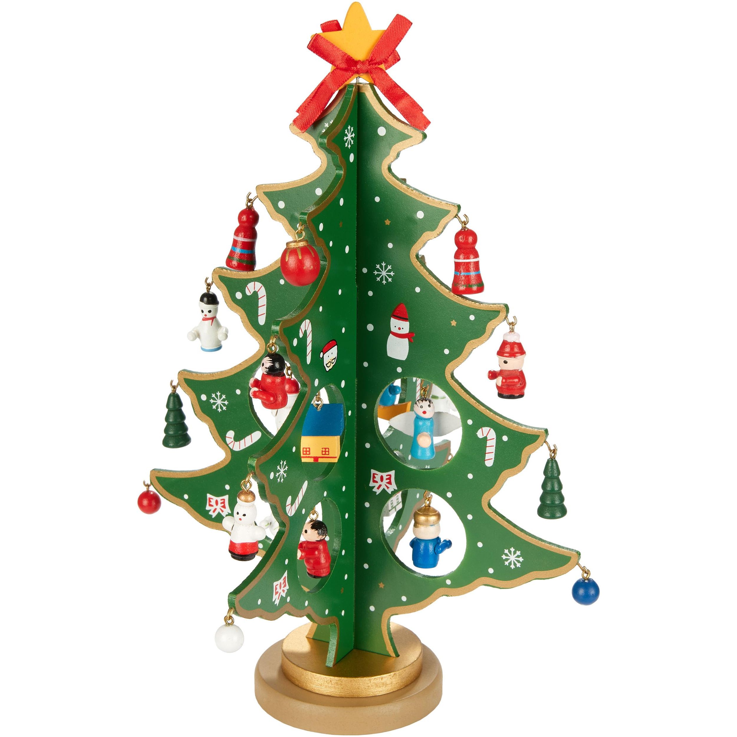 Image of Brubaker Mini Wooden Christmas Tree - Decorative Pine Tree For Decorating - Small Tabletop Christmas Tree For Christmas, Including Tree Ornaments