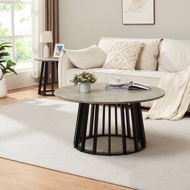 Coffee Table 90 X With Bamboo Frame Round Black/beton Optic