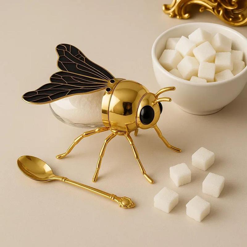 Image of Beejar Luxury Glass Honey Jar With Bee-shaped Lid - Black-gold Decorative With Attached Spoon - Elegant Table Accessory