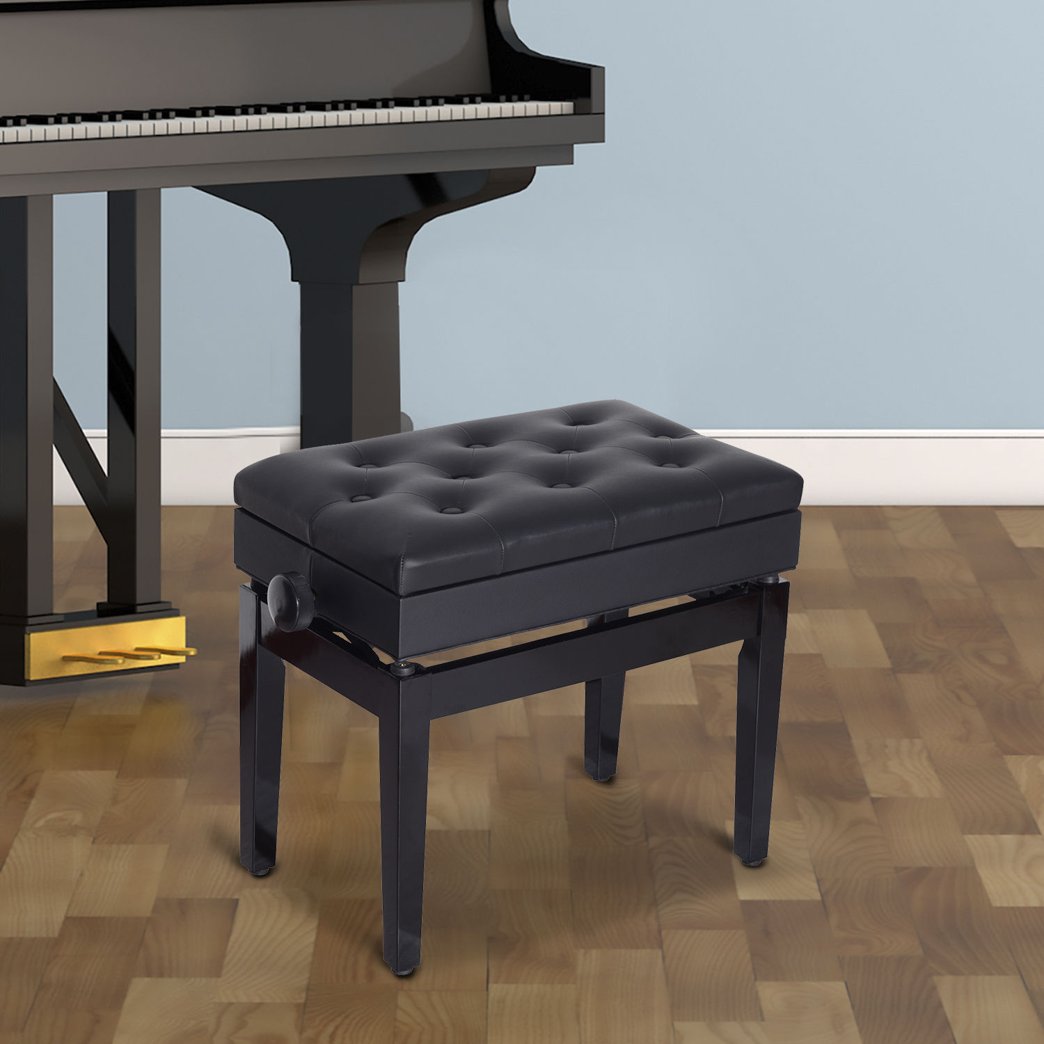 Adjustable Height Piano Bench With Storage, Wooden Legs, Leather Piano Stool, For Music Rooms, Load Capacity Up To 200 Kg, 54.5 X 33 X 48-58 Cm, Black