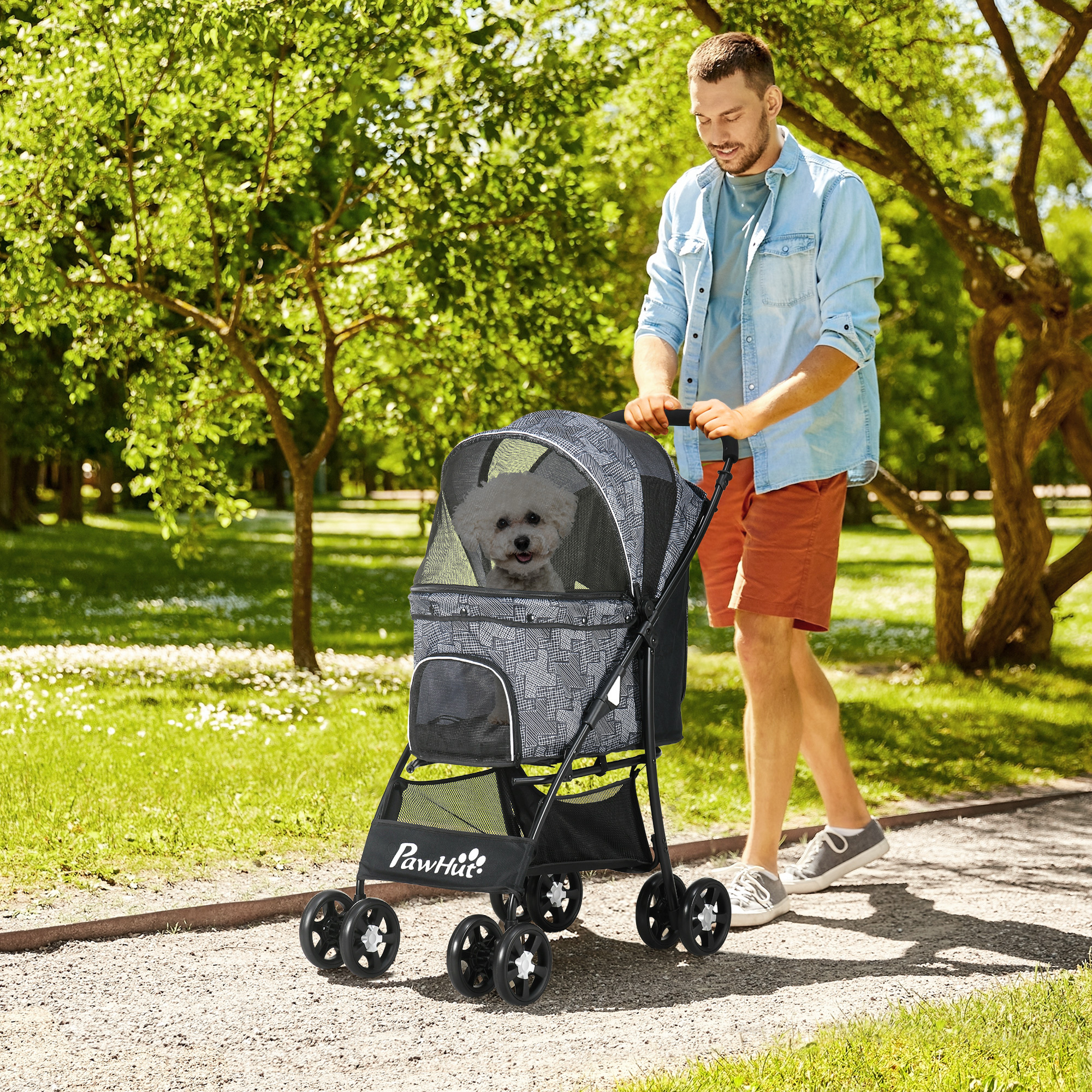 Image of Dog Stroller, Foldable Dog Buggy, Dog Trolley With Cushion, Cat Buggy, Cat Stroller With 4 Wheels, Mesh Window, Storage Space For Small Dogs, Cats, 600d Oxford, Black