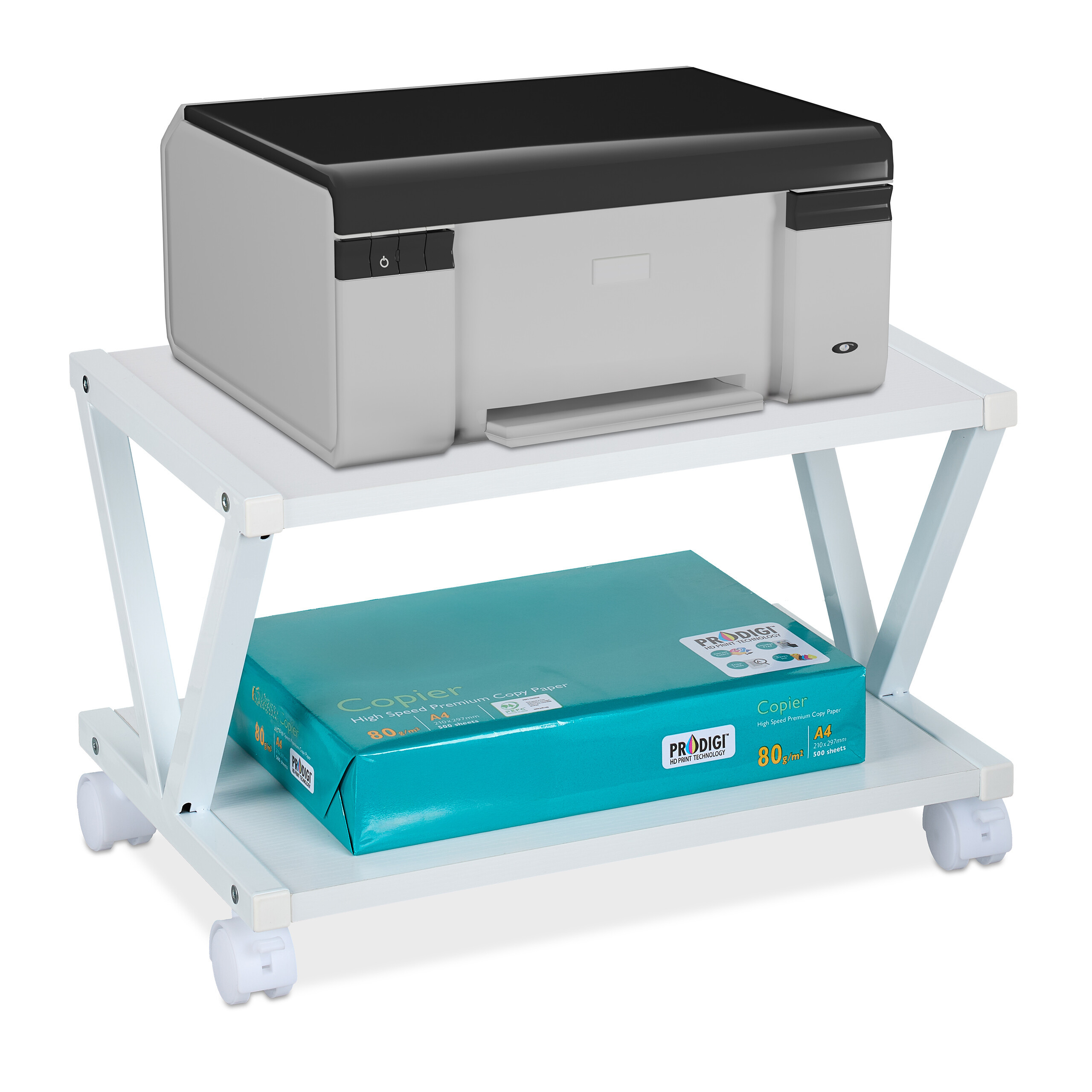 Image of White Printer Stand, 2 Tiers, 28 X 44 X 28.5 Cm, Iron-mdf-pp, With Wheels And 2 Locking Brakes, Stackable, For Desk, Office, And Study Room, Printer Cart, Printer Table, Table Shelf, Relaxdays
