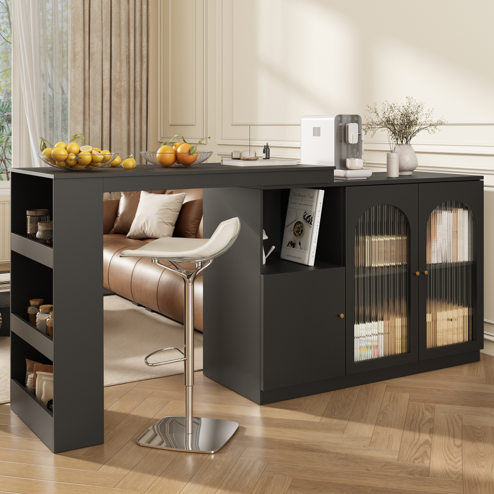 Image of 360° Rotating Bar Table (main Body 120 X 40 X 97 Cm), Modern And Simple Black Rotating Dining And Bar Cabinet, Multifunctional Storage Cabinet With Glass Door