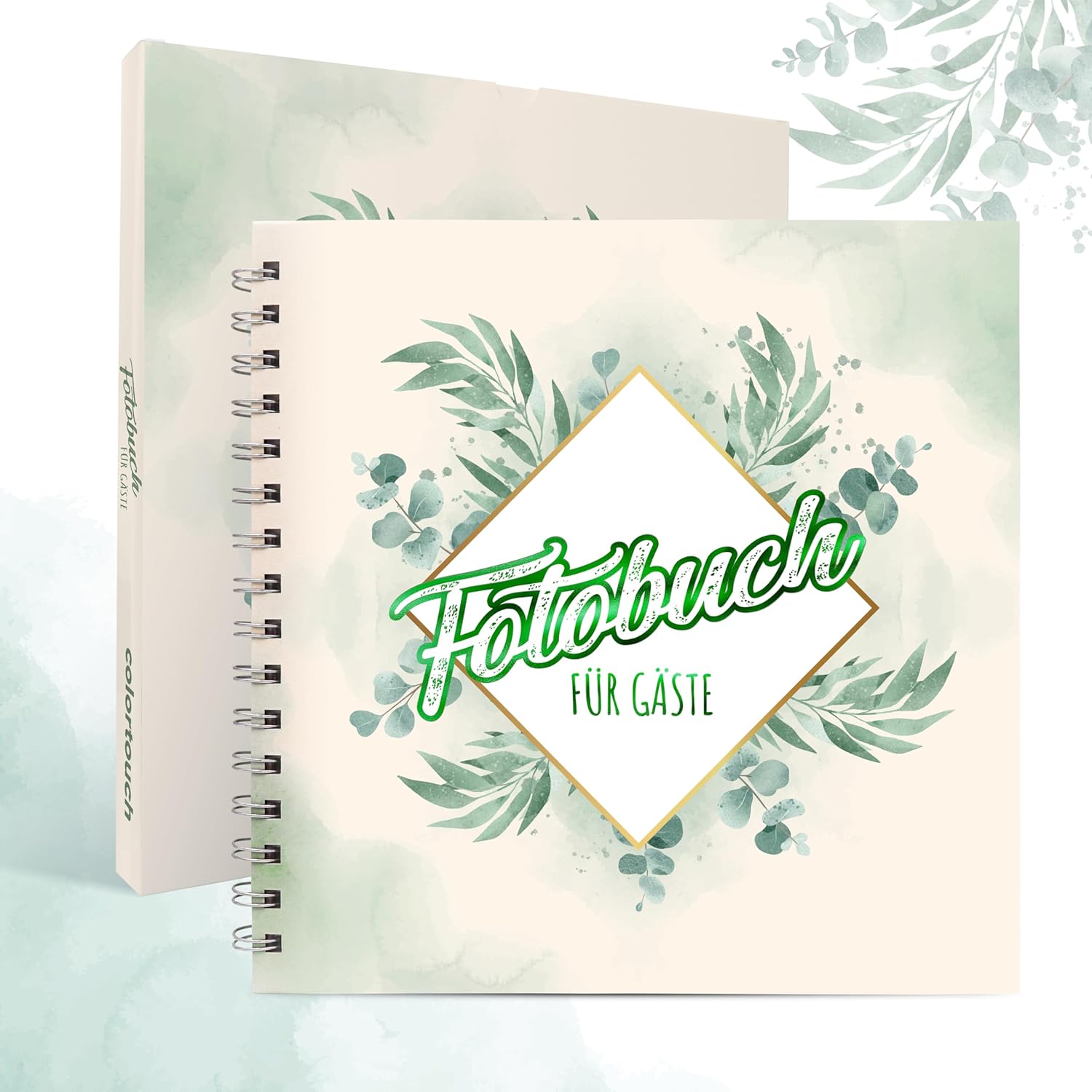 Image of Colortouch Wedding Photo Book For 70 Photo Tasks, Photo Album With Placeholders For Wedding Photos, Hardcover With Spiral Binding Guest Book, Vintage, Eucalyptus, Memory, 21x21cm, 300 G/m² Paper