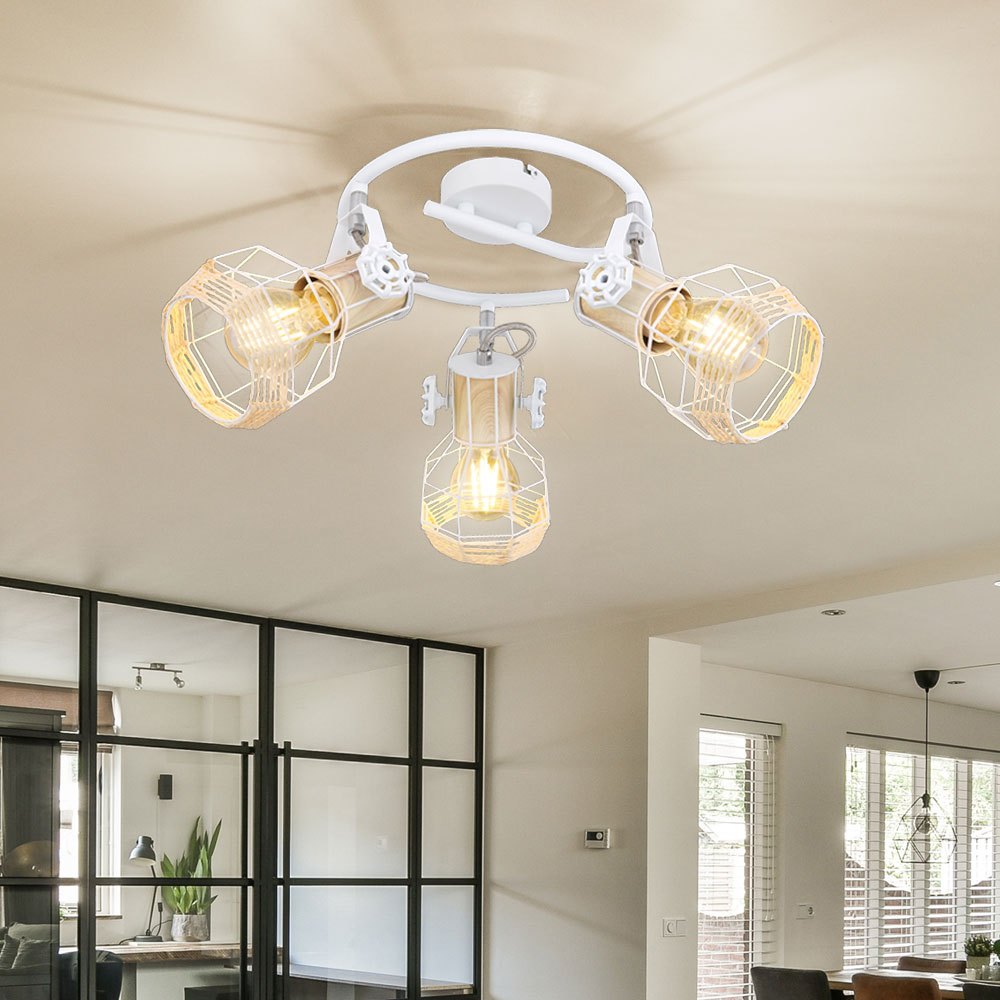 Image of Spot 3-spotlight Ceiling Light, Swivel Living Room Light, White, Wood-, 3x E27 Sockets, D 25 Cm